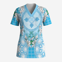 Hawaii Cyan Palaka Scrub Top With Tapa Pattern Tropical Flowers - Polynesian Pride