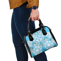 Hawaii Cyan Palaka Shoulder Handbag With Tapa Pattern Tropical Flowers - Polynesian Pride
