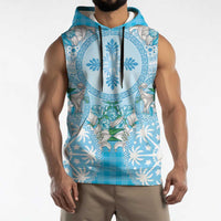 Hawaii Cyan Palaka Sleeveless Hoodie With Tapa Pattern Tropical Flowers - Polynesian Pride
