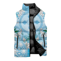 Hawaii Cyan Palaka Sleeveless Puffer Jacket With Tapa Pattern Tropical Flowers - Polynesian Pride