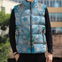 Hawaii Cyan Palaka Sleeveless Puffer Jacket With Tapa Pattern Tropical Flowers - Polynesian Pride