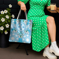 Hawaii Cyan Palaka Tote Bag With Tapa Pattern Tropical Flowers - Polynesian Pride