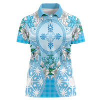 Hawaii Cyan Palaka Women Polo Shirt With Tapa Pattern Tropical Flowers LT05 Female Cyan - Polynesian Pride