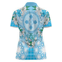 Hawaii Cyan Palaka Women Polo Shirt With Tapa Pattern Tropical Flowers LT05 - Polynesian Pride