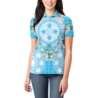 Hawaii Cyan Palaka Women Polo Shirt With Tapa Pattern Tropical Flowers LT05 - Polynesian Pride