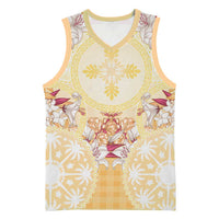 Hawaii Peach Palaka Basketball Jersey With Tapa Pattern Tropical Flowers - Polynesian Pride