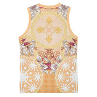 Hawaii Peach Palaka Basketball Jersey With Tapa Pattern Tropical Flowers - Polynesian Pride
