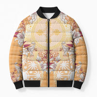 Hawaii Peach Palaka Bomber Puffer Jacket With Tapa Pattern Tropical Flowers - Polynesian Pride