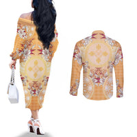 Hawaii Peach Palaka Couples Matching Off The Shoulder Long Sleeve Dress and Long Sleeve Button Shirt With Tapa Pattern Tropical Flowers - Polynesian Pride