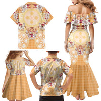 Hawaii Peach Palaka Family Matching Mermaid Dress and Hawaiian Shirt With Tapa Pattern Tropical Flowers LT05 - Polynesian Pride