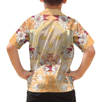 Hawaii Peach Palaka Family Matching Off The Shoulder Long Sleeve Dress and Hawaiian Shirt With Tapa Pattern Tropical Flowers LT05 - Polynesian Pride