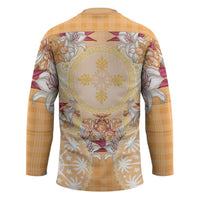 Hawaii Peach Palaka Hockey Jersey With Tapa Pattern Tropical Flowers - Polynesian Pride