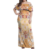Hawaii Peach Palaka Off Shoulder Maxi Dress With Tapa Pattern Tropical Flowers LT05 Women Peach - Polynesian Pride