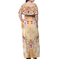 Hawaii Peach Palaka Off Shoulder Maxi Dress With Tapa Pattern Tropical Flowers LT05 - Polynesian Pride