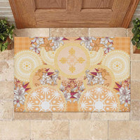 Hawaii Peach Palaka Rubber Doormat With Tapa Pattern Tropical Flowers - Polynesian Pride