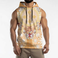 Hawaii Peach Palaka Sleeveless Hoodie With Tapa Pattern Tropical Flowers - Polynesian Pride