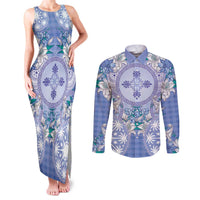 Hawaii Violet Palaka Couples Matching Tank Maxi Dress and Long Sleeve Button Shirt With Tapa Pattern Tropical Flowers - Polynesian Pride