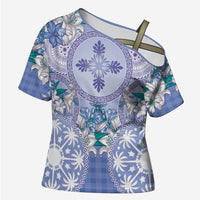 Hawaii Violet Palaka Cross Shoulder Shirt With Tapa Pattern Tropical Flowers - Polynesian Pride