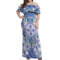Hawaii Violet Palaka Off Shoulder Maxi Dress With Tapa Pattern Tropical Flowers LT05 Women Violet - Polynesian Pride
