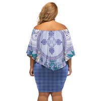 Hawaii Violet Palaka Off Shoulder Short Dress With Tapa Pattern Tropical Flowers - Polynesian Pride