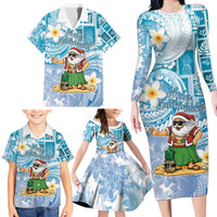 Hawaii Mele Kalikimaka Family Matching Long Sleeve Bodycon Dress and Hawaiian Shirt Hula Santa Retro Style Blue LT05 - Polynesian Pride
