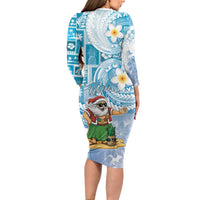 Hawaii Mele Kalikimaka Family Matching Long Sleeve Bodycon Dress and Hawaiian Shirt Hula Santa Retro Style Blue LT05 - Polynesian Pride