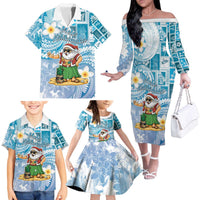 Hawaii Mele Kalikimaka Family Matching Off The Shoulder Long Sleeve Dress and Hawaiian Shirt Hula Santa Retro Style Blue LT05 - Polynesian Pride