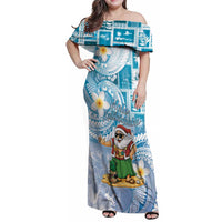 Hawaii Mele Kalikimaka Family Matching Off Shoulder Maxi Dress and Hawaiian Shirt Hula Santa Retro Style Blue LT05 Mom's Dress Blue - Polynesian Pride