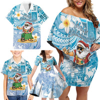 Hawaii Mele Kalikimaka Family Matching Off Shoulder Short Dress and Hawaiian Shirt Hula Santa Retro Style Blue LT05 - Polynesian Pride