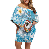 Hawaii Mele Kalikimaka Family Matching Off Shoulder Short Dress and Hawaiian Shirt Hula Santa Retro Style Blue LT05 Mom's Dress Blue - Polynesian Pride