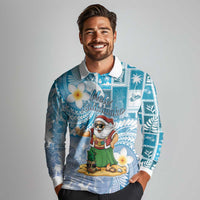 Hawaii Mele Kalikimaka Long Sleeve Polo Shirt Hula Santa Retro Style Blue LT05 - Polynesian Pride