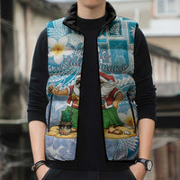 Hawaii Mele Kalikimaka Sleeveless Puffer Jacket Hula Santa Retro Style Blue - Polynesian Pride