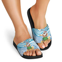 Hawaii Mele Kalikimaka Slide Sandals Hula Santa Retro Style Blue - Polynesian Pride