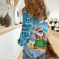 Hawaii Mele Kalikimaka Women Casual Shirt Hula Santa Retro Style Blue - Polynesian Pride