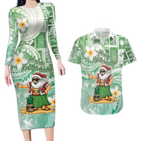 Hawaii Mele Kalikimaka Couples Matching Long Sleeve Bodycon Dress and Hawaiian Shirt Hula Santa Retro Style Green LT05 Green - Polynesian Pride