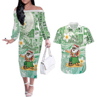 Hawaii Mele Kalikimaka Couples Matching Off The Shoulder Long Sleeve Dress and Hawaiian Shirt Hula Santa Retro Style Green LT05 Green - Polynesian Pride