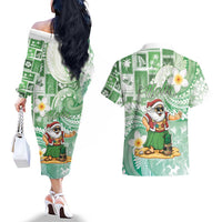 Hawaii Mele Kalikimaka Couples Matching Off The Shoulder Long Sleeve Dress and Hawaiian Shirt Hula Santa Retro Style Green LT05 - Polynesian Pride