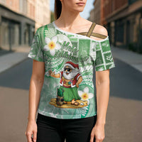 Hawaii Mele Kalikimaka Cross Shoulder Shirt Hula Santa Retro Style Green - Polynesian Pride