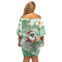 Hawaii Mele Kalikimaka Family Matching Off Shoulder Short Dress and Hawaiian Shirt Hula Santa Retro Style Green LT05 - Polynesian Pride