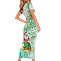 Hawaii Mele Kalikimaka Family Matching Short Sleeve Bodycon Dress and Hawaiian Shirt Hula Santa Retro Style Green LT05 - Polynesian Pride