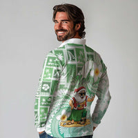 Hawaii Mele Kalikimaka Long Sleeve Polo Shirt Hula Santa Retro Style Green - Polynesian Pride