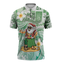 Hawaii Mele Kalikimaka Zipper Polo Shirt Hula Santa Retro Style Green - Polynesian Pride