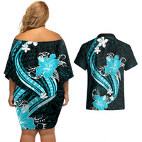 Aqua Polynesian Pattern With Tropical Flowers Couples Matching Off Shoulder Short Dress and Hawaiian Shirt LT05 - Polynesian Pride