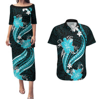 Aqua Polynesian Pattern With Tropical Flowers Couples Matching Puletasi Dress and Hawaiian Shirt LT05 Aqua - Polynesian Pride