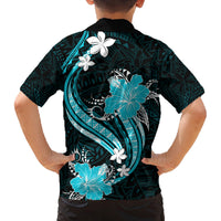 Aqua Polynesian Pattern With Tropical Flowers Family Matching Off Shoulder Long Sleeve Dress and Hawaiian Shirt LT05 - Polynesian Pride
