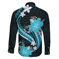 Aqua Polynesian Pattern With Tropical Flowers Family Matching Off Shoulder Long Sleeve Dress and Hawaiian Shirt LT05 - Polynesian Pride
