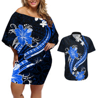 Blue Polynesian Pattern With Tropical Flowers Couples Matching Off Shoulder Short Dress and Hawaiian Shirt LT05 Blue - Polynesian Pride