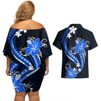 Blue Polynesian Pattern With Tropical Flowers Couples Matching Off Shoulder Short Dress and Hawaiian Shirt LT05 - Polynesian Pride