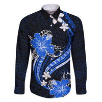 Blue Polynesian Pattern With Tropical Flowers Family Matching Short Sleeve Bodycon Dress and Hawaiian Shirt LT05 Dad's Shirt - Long Sleeve Blue - Polynesian Pride