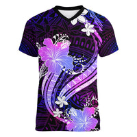 Galaxy Polynesian Pattern With Tropical Flowers Women V Neck T Shirt LT05 Female Galaxy - Polynesian Pride